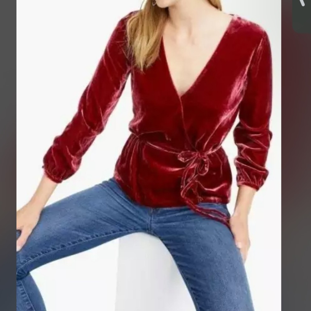 j Crew womens Size 2 draped velvet faux wrap long sleeve top burgundy red J4964